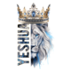 Imagem de um leão majestoso com uma coroa ornamental, apresentando os olhos azuis e uma expressão forte. O texto "YESHUA" aparece em destaque ao lado do leão, simbolizando força e realeza. A paleta de cores combina tons de azul e dourado, refletindo um tema de poder e espiritualidade.