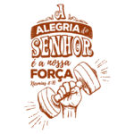 Imagem com a frase "A alegria do Senhor é a nossa força" acompanhada de uma ilustração de uma mão segurando um haltere. O design enfatiza a força e a motivação, citando Neemias 8:10.