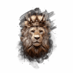 Leão majestoso com uma coroa dourada, simbolizando realeza e força, contra um fundo escuro e artístico. Ideal para temas relacionados à natureza, poder e liderança.