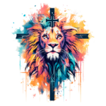 Ilustração vibrante de um leão majestoso com uma cruz estilizada no fundo, representando força e espiritualidade, em um efeito de aquarela colorida.