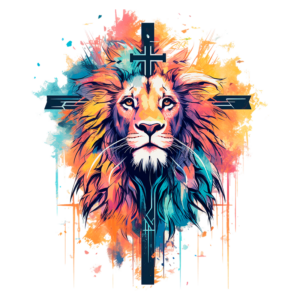 Ilustração vibrante de um leão majestoso com uma cruz estilizada no fundo, representando força e espiritualidade, em um efeito de aquarela colorida.