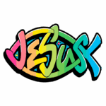 Logotipo colorido com a palavra "Jesus" estilizada em formato de peixe, simbolizando a fé cristã e a mensagem de amor.