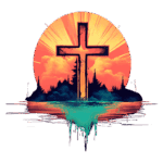 Cruz estilizada em frente a um pôr do sol vibrante, com nuvens e silhuetas de árvores, simbolizando fé e espiritualidade.