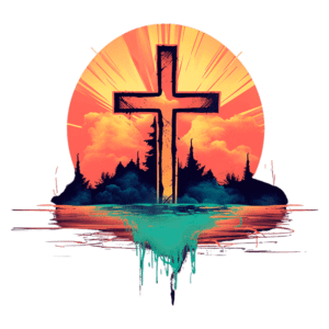 Cruz estilizada em frente a um pôr do sol vibrante, com nuvens e silhuetas de árvores, simbolizando fé e espiritualidade.
