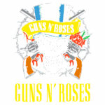 Imagem do logo da banda Guns N' Roses, apresentando uma caveira com um chapéu de alto, rosas vermelhas e armas cruzadas. O design é icônico e representa a estética do rock.