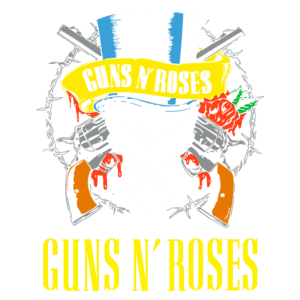 Imagem do logo da banda Guns N' Roses, apresentando uma caveira com um chapéu de alto, rosas vermelhas e armas cruzadas. O design é icônico e representa a estética do rock.