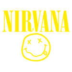 Logotipo da banda Nirvana em letras amarelas, acompanhado de um desenho de um rosto sorridente com olhos em forma de X e a língua de fora. Ideal para representações de cultura grunge e música dos anos 90.