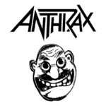Logotipo da banda de thrash metal Anthrax, apresentando um personagem caricaturesco com um grande sorriso e expressões exageradas abaixo do nome da banda.