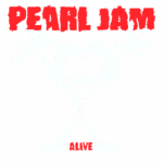Logotipo da banda Pearl Jam com a palavra "Alive" em destaque, apresentando um desenho estilizado de um personagem animado com os braços abertos, simbolizando energia e celebração.