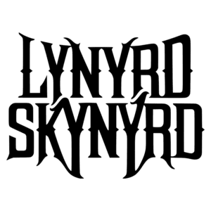Logotipo da banda Lynyrd Skynyrd em estilo gótico, apresentando as palavras "LYNYRD" e "SKYNYRD" em letras grandes e impactantes. Ideal para fãs de rock e música clássica americana.
