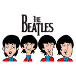 Ilustração estilo cartoon dos integrantes da banda The Beatles, com quatro figuras usando camisas vermelhas e gravatas azuis, em poses diferentes, destacando a icônica influência musical do grupo britânico.