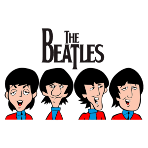 Ilustração estilo cartoon dos integrantes da banda The Beatles, com quatro figuras usando camisas vermelhas e gravatas azuis, em poses diferentes, destacando a icônica influência musical do grupo britânico.