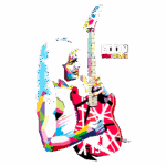 Ilustração colorida de Eddie Van Halen segurando uma guitarra, destacando seu famoso estilo e cria artística vibrante, com o nome "Eddie Van Halen" ao lado.