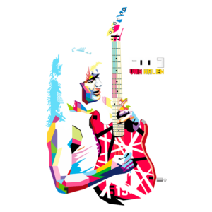 Ilustração colorida de Eddie Van Halen segurando uma guitarra, destacando seu famoso estilo e cria artística vibrante, com o nome "Eddie Van Halen" ao lado.