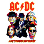 Ilustração vibrante da banda AC/DC, destacando membros icônicos com o slogan "LET THERE BE ROCK". A arte apresenta um estilo colorido e moderno que celebra a energia e o legado do rock.