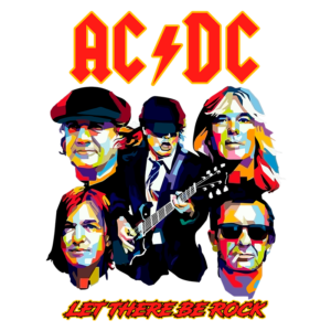 Ilustração vibrante da banda AC/DC, destacando membros icônicos com o slogan "LET THERE BE ROCK". A arte apresenta um estilo colorido e moderno que celebra a energia e o legado do rock.