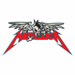 Logotipo da banda Metallica, com um crânio esquelético de asas e letras estilizadas em vermelho e preto, representando o estilo do heavy metal.