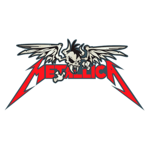 Logotipo da banda Metallica, com um crânio esquelético de asas e letras estilizadas em vermelho e preto, representando o estilo do heavy metal.