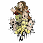 Ilustração artística do vocalista da banda Korn rodeado por bonecos distorcidos e sombrios, com cores vibrantes e detalhes em preto. A imagem apresenta elementos do estilo nu metal, destacando a estética única da banda e sua conexão com temas de rebeldia e emoção.