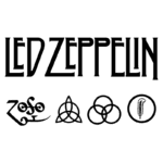 Logo da banda Led Zeppelin com símbolos relacionados, incluindo o Zoso, o símbolo do Trisquel e uma pena, representando a identidade visual da banda e sua influência no rock.