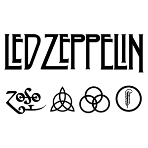 Logo da banda Led Zeppelin com símbolos relacionados, incluindo o Zoso, o símbolo do Trisquel e uma pena, representando a identidade visual da banda e sua influência no rock.