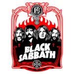 Logo da banda Black Sabbath, com ilustrações dos quatro membros principais em destaque, rodeados por elementos góticos e um fundo vermelho flamejante. Ideal para fãs de rock e heavy metal.