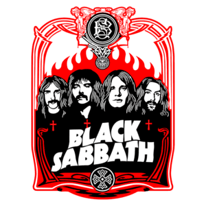 Logo da banda Black Sabbath, com ilustrações dos quatro membros principais em destaque, rodeados por elementos góticos e um fundo vermelho flamejante. Ideal para fãs de rock e heavy metal.