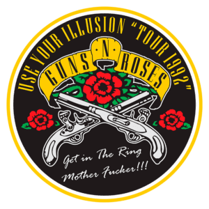 Logotipo da turnê "Use Your Illusion" de 1992 da banda Guns N' Roses, apresentando duas pistolas cruzadas decoradas com rosas vermelhas e amarelas, enfatizando uma estética rock e rebelde.
