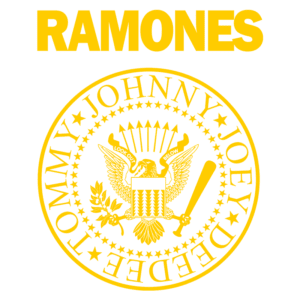Logotipo da banda Ramones, com o nome "RAMONES" em amarelo na parte superior e um emblema circular apresentando uma águia, estrelas e os nomes dos membros Johnny, Joey, Dee Dee e Tommy, também em amarelo, em um fundo verde.