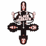 Ilustração estilizada da banda Black Sabbath, destacando três membros com expressões icônicas e elementos demoníacos, como um crânio e um fundo escuro, representando seu estilo de rock pesado.