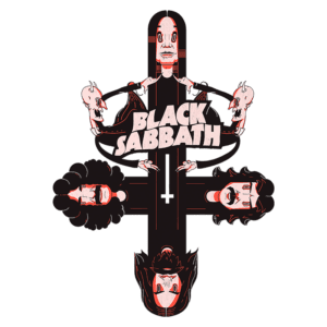 Ilustração estilizada da banda Black Sabbath, destacando três membros com expressões icônicas e elementos demoníacos, como um crânio e um fundo escuro, representando seu estilo de rock pesado.