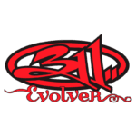Logotipo da banda 311, destacando o número 311 em vermelho com um design gráfico fluido, acompanhado da palavra "Evolver" em uma tipografia estilizada, sobre um fundo verde.
