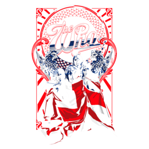 Design da banda The Who, apresentando os membros envoltos em uma bandeira britânica, com leões estilizados ao fundo. Ilustração vibrante e icônica para fãs de rock e cultura dos anos 60.