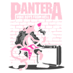 Arte de um personagem estilizado com cabelo cacheado, tocando guitarra, com um amplificador ao fundo, e a frase "Pantera Pink Boys From Hell" em destaque, em um fundo de tijolos.