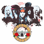 Imagem da banda Guns N' Roses, com os integrantes destacados em estilo artístico. O logo da banda, que inclui rosas e armas, está centralizado na parte inferior.
