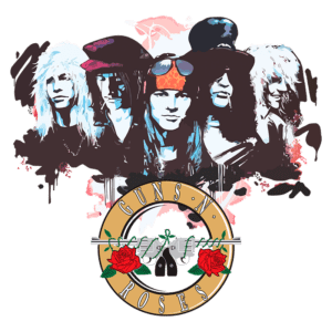 Imagem da banda Guns N' Roses, com os integrantes destacados em estilo artístico. O logo da banda, que inclui rosas e armas, está centralizado na parte inferior.