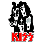 Logo da banda KISS, apresentando os rostos estilizados dos membros com características icônicas, como maquiagem e expressões marcantes, com o nome "KISS" em letras grandes e vermelhas na parte inferior.