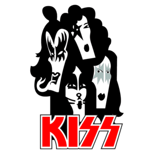 Logo da banda KISS, apresentando os rostos estilizados dos membros com características icônicas, como maquiagem e expressões marcantes, com o nome "KISS" em letras grandes e vermelhas na parte inferior.