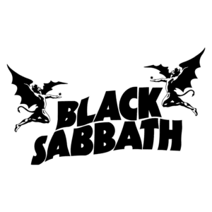 Logotipo da banda Black Sabbath, destacando figuras aladas de estilo demoníaco ao lado do nome da banda em letras grandes e ousadas.