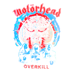 Imagem do logo da banda Motörhead, com um design vibrante em vermelho e azul, apresentando o famoso símbolo do porco preto com membros da banda na parte inferior e a palavra "OVERKILL". Ideal para fãs de rock e heavy metal.