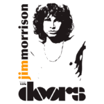 Ilustração de Jim Morrison, vocalista da banda The Doors, destacando seu rosto e cabelo despenteado, acompanhada do nome "jim morrison" em laranja e o logotipo da banda em preto.