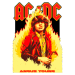 Imagem estilizada de Angus Young, guitarrista da banda AC/DC, com chifres e fundo em chamas. O design vibrante destaca o nome "AC/DC" no topo e "Angus Young" na parte inferior, refletindo a energia e o espírito do rock.