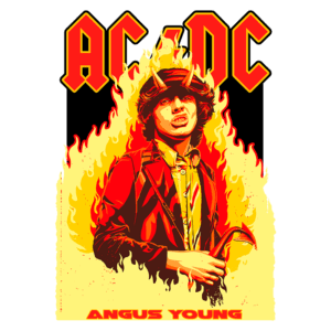 Imagem estilizada de Angus Young, guitarrista da banda AC/DC, com chifres e fundo em chamas. O design vibrante destaca o nome "AC/DC" no topo e "Angus Young" na parte inferior, refletindo a energia e o espírito do rock.