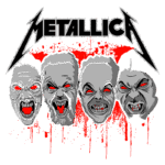 Imagem com o logo da banda Metallica e a ilustração de quatro rostos macabros com expressões aterradoras, destacando elementos de sangue. A arte reflete a estética do metal e está associada à famosa música "Four Horsemen".