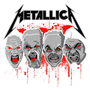 Imagem com o logo da banda Metallica e a ilustração de quatro rostos macabros com expressões aterradoras, destacando elementos de sangue. A arte reflete a estética do metal e está associada à famosa música "Four Horsemen".