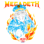 Ilustração do logotipo da banda Megadeth, apresentando um esqueleto vestido com um uniforme militar azul, cercado por chamas e prestes a pressionar um botão vermelho.