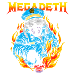 Ilustração do logotipo da banda Megadeth, apresentando um esqueleto vestido com um uniforme militar azul, cercado por chamas e prestes a pressionar um botão vermelho.