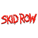Logotipo da banda Skid Row em letras vermelhas com efeito desgastado, representando o estilo rock e heavy metal da banda.