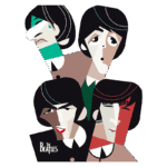 Ilustração artística dos membros da banda The Beatles em estilo moderno, destacando suas características faciais e expressões distintas.