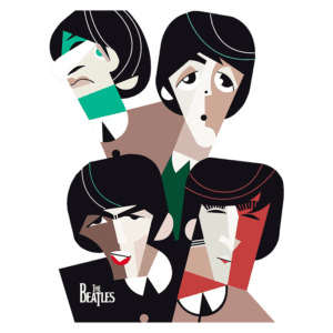 Ilustração artística dos membros da banda The Beatles em estilo moderno, destacando suas características faciais e expressões distintas.
